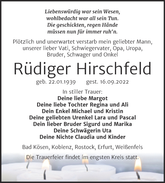 Traueranzeige von Rüdiger Hirschfeld von Wochenspiegel Naumburg/Nebra