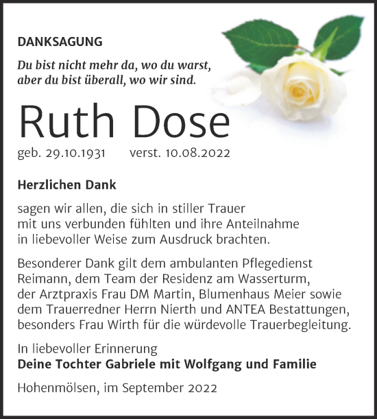 Traueranzeige von Ruth Dose von Trauerkombi Weißenfels
