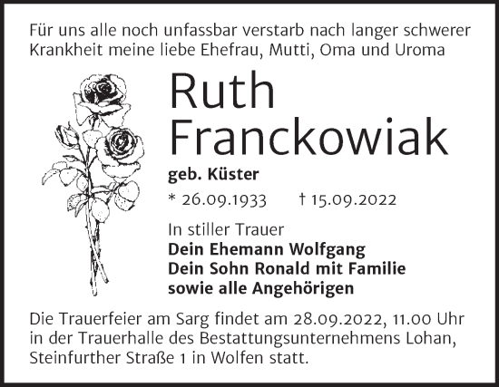 Traueranzeige von Ruth Franckowiak von Trauerkombi Bitterfeld