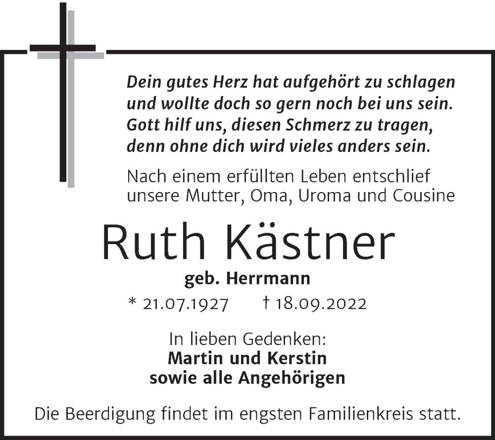  Traueranzeige für Ruth Kästner vom 24.09.2022 aus Trauerkombi Mansfelder Land