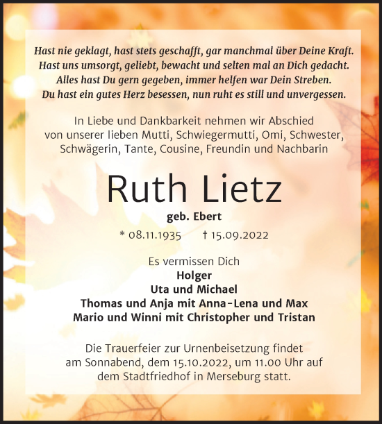 Traueranzeige von Ruth Lietz von Trauerkombi Merseburg