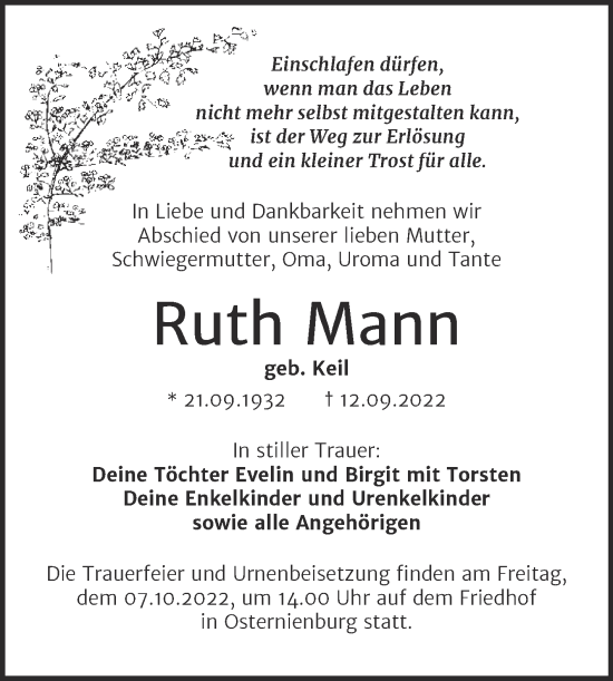 Traueranzeige von Ruth Mann von Trauerkombi Köthen