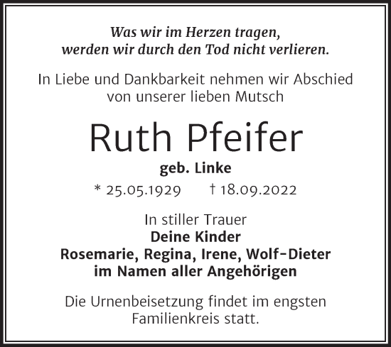 Traueranzeige von Ruth Pfeifer von Mitteldeutsche Zeitung Halle/Saalkreis