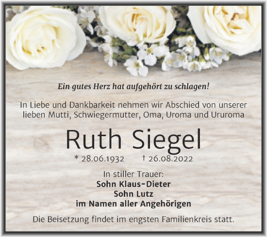 Traueranzeige von Ruth Siegel von Trauerkombi Bitterfeld