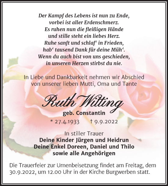 Traueranzeige von Ruth Witting von Trauerkombi Weißenfels