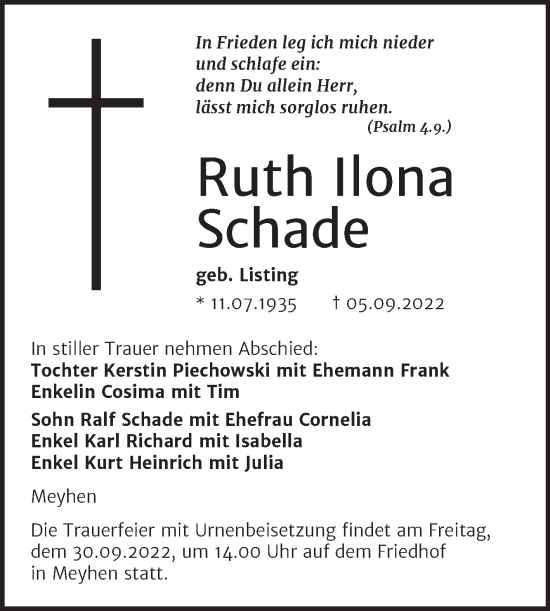 Traueranzeige von Ruth Ilona Schade von Wochenspiegel Naumburg/Nebra