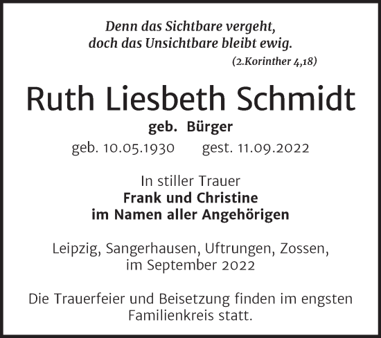 Traueranzeige von Ruth Liesbeth Schmidt von Trauerkombi Sangerhausen
