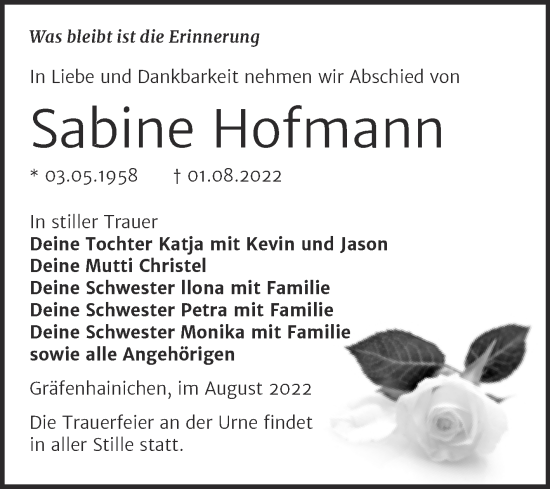 Traueranzeige von Sabine Hofmann von Trauerkombi Wittenberg