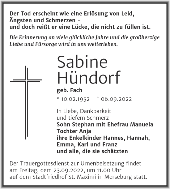 Traueranzeige von Sabine Hündorf von Trauerkombi Merseburg