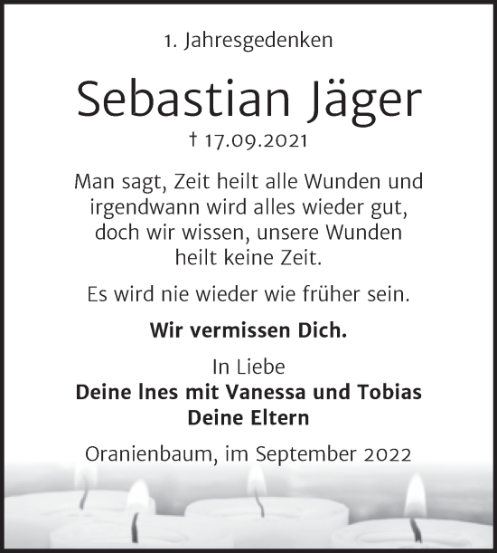 Traueranzeige von Sebastian Jäger von Trauerkombi Wittenberg