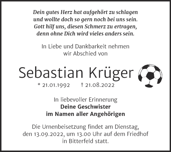 Traueranzeige von Sebastian Krüger von Trauerkombi Bitterfeld
