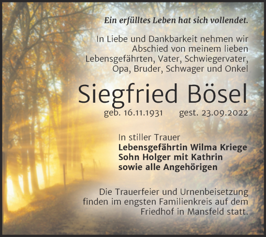 Traueranzeige von Siegfried Bösel von Trauerkombi Mansfelder Land