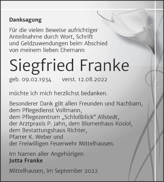 Traueranzeige von Siegfried Franke von Trauerkombi Sangerhausen