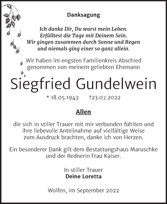 Traueranzeige von Siegfried Gundelwein von Trauerkombi Bitterfeld