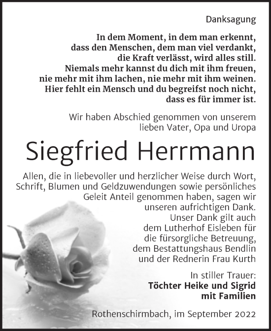 Traueranzeige von Siegfried Herrmann von Trauerkombi Mansfelder Land