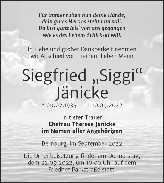 Traueranzeige von Siegfried Jänicke von Trauerkombi Bernburg