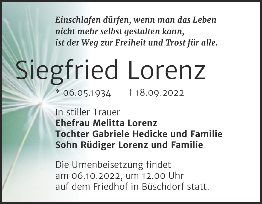  Traueranzeige für Siegfried Lorenz vom 24.09.2022 aus Mitteldeutsche Zeitung Halle/Saalkreis