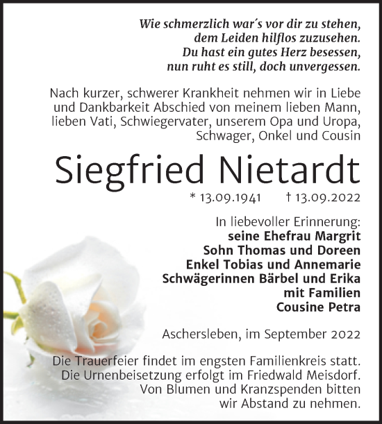 Traueranzeige von Siegfried Nietardt von Trauerkombi Aschersleben