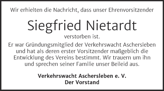 Traueranzeige von Siegfried Nietardt von Trauerkombi Aschersleben