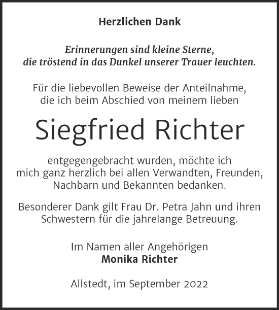 Traueranzeige von Siegfried Richter von Trauerkombi Sangerhausen