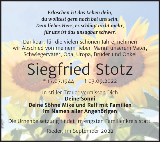 Traueranzeige von Siegfried Stotz von Trauerkombi Quedlinburg