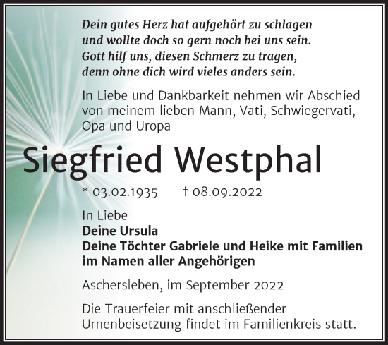 Traueranzeige von Siegfried Westphal von Trauerkombi Aschersleben