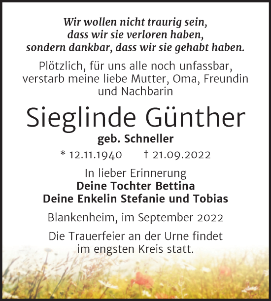Traueranzeige von Sieglinde Günther von Trauerkombi Sangerhausen