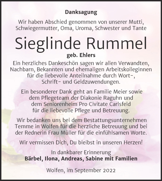 Traueranzeige von Sieglinde Rummel von Trauerkombi Bitterfeld