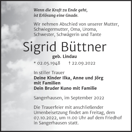 Traueranzeige von Sigrid Büttner von Trauerkombi Sangerhausen