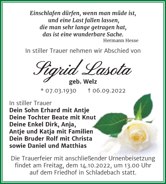 Traueranzeige von Sigrid Lasota von Trauerkombi Merseburg