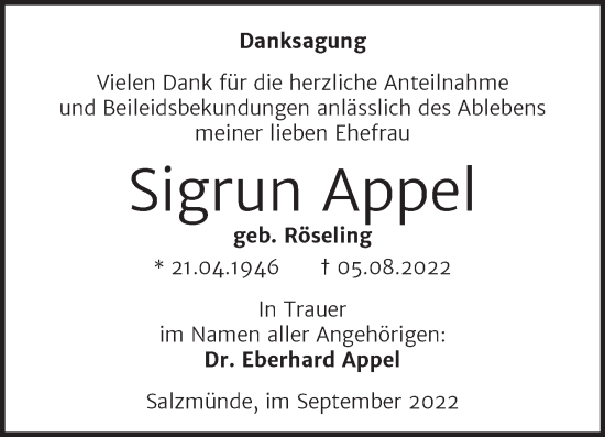 Traueranzeige von Sigrun Appel von Mitteldeutsche Zeitung Halle/Saalkreis