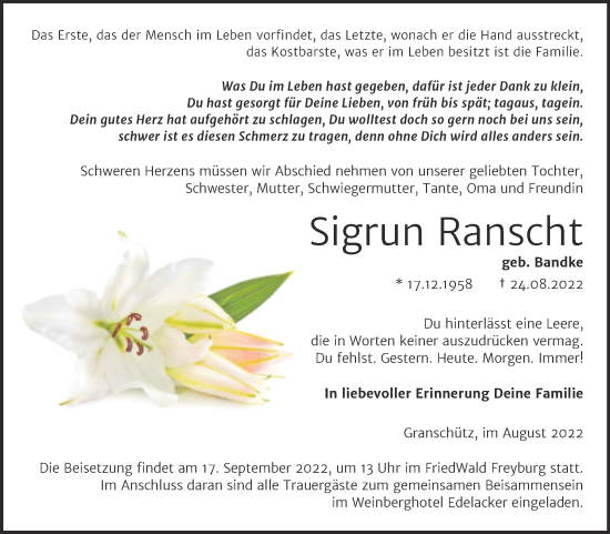 Traueranzeige von Sigrun Ranscht von Trauerkombi Weißenfels