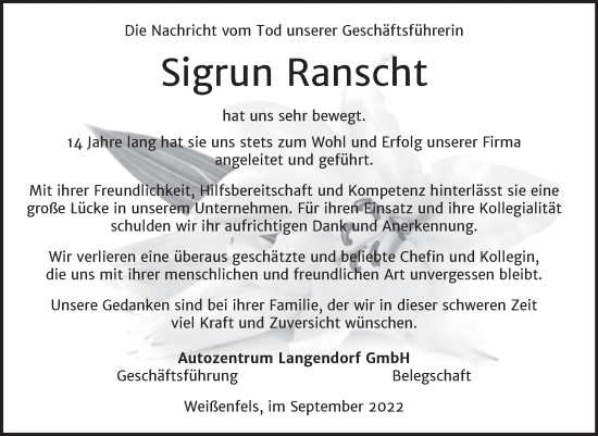 Traueranzeige von Sigrun Ranscht von Wochenspiegel Weißenfels