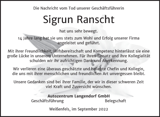 Traueranzeige von Sigrun Ranscht von Mitteldeutsche Zeitung Weißenfels