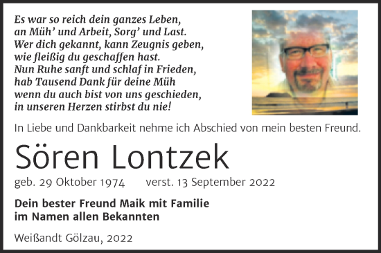 Traueranzeige von Sören Lontzek von Mitteldeutsche Zeitung Halle/Saalkreis