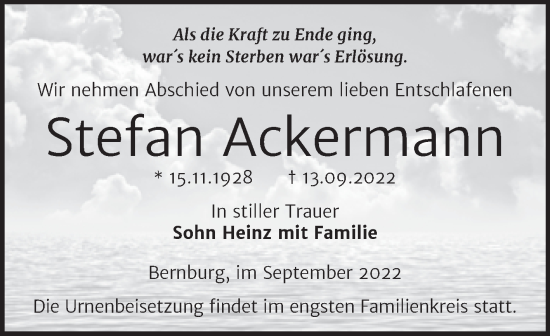 Traueranzeige von Stefan Ackermann von Trauerkombi Bernburg