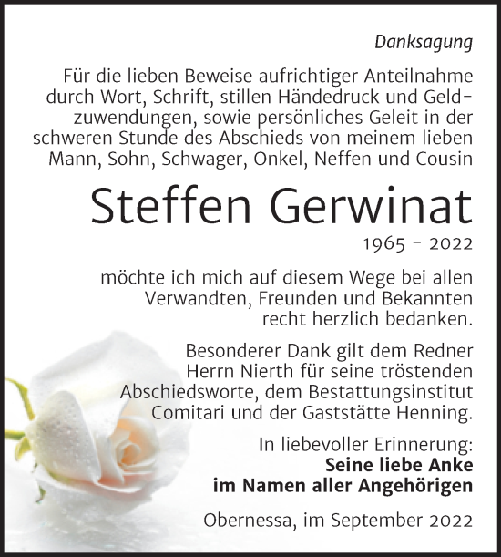 Traueranzeige von Steffen Gerwinat von Trauerkombi Weißenfels