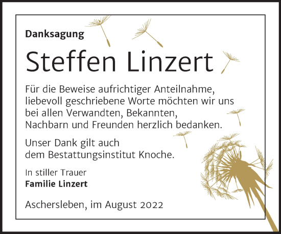 Traueranzeige von Steffen Linzert von Trauerkombi Aschersleben