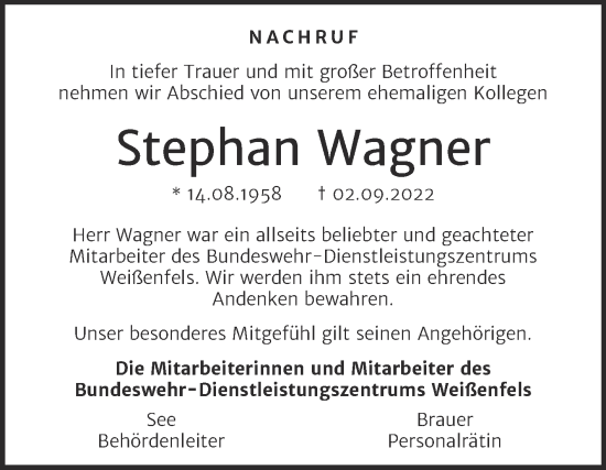 Traueranzeige von Stephan Wagner von Super Sonntag Weißenfels