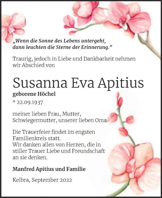 Traueranzeige von Susanna Eva Apitius von Trauerkombi Sangerhausen