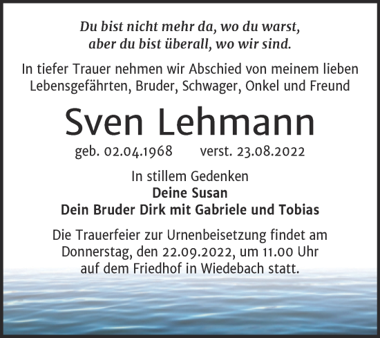 Traueranzeige von Sven Lehmann von Trauerkombi Weißenfels