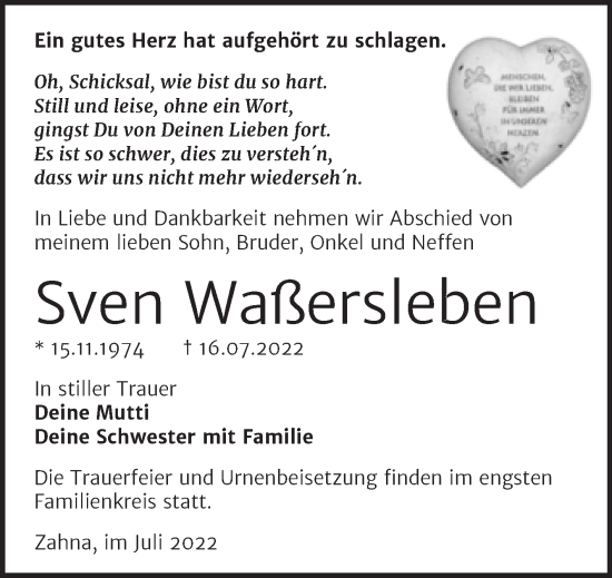 Traueranzeige von Sven Waßersleben von Trauerkombi Wittenberg