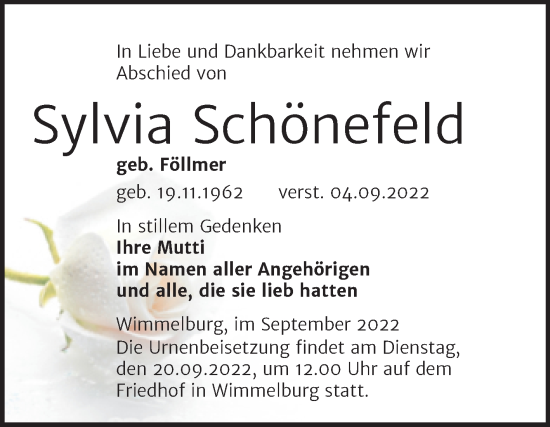 Traueranzeige von Sylvia Schönefeld von Trauerkombi Mansfelder Land