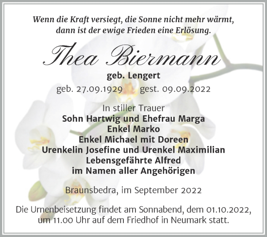 Traueranzeige von Thea Biermann von Trauerkombi Merseburg
