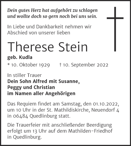 Traueranzeige von Therese Stein von Trauerkombi Quedlinburg