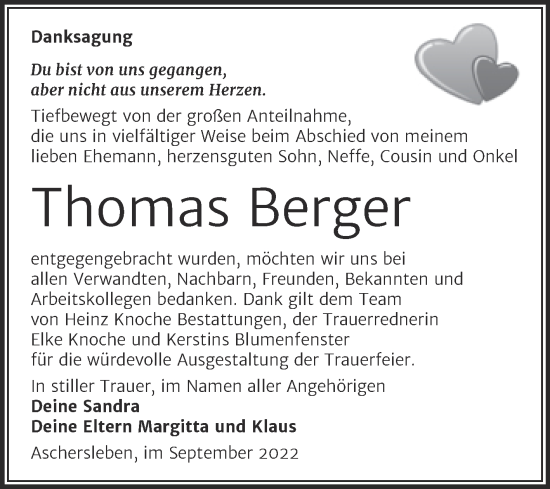 Traueranzeige von Thomas Berger von Trauerkombi Aschersleben