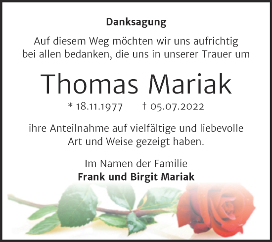 Traueranzeige von Thomas Mariak von Trauerkombi Bitterfeld