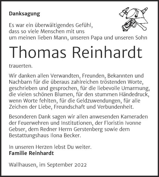 Traueranzeige von Thomas Reinhardt von Trauerkombi Sangerhausen