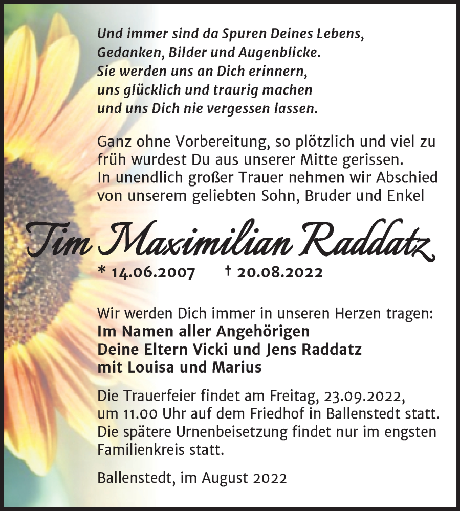  Traueranzeige für Tim Maximilian Raddatz vom 10.09.2022 aus Trauerkombi Mansfelder Land