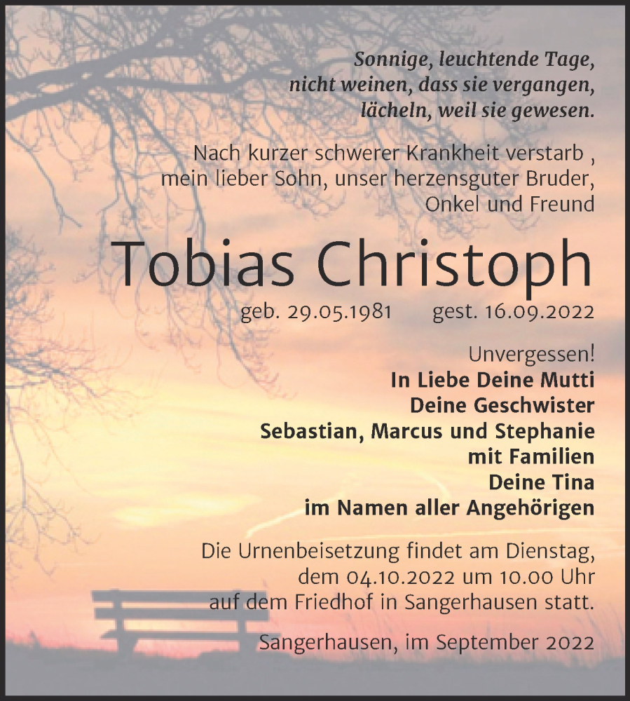  Traueranzeige für Tobias Christoph vom 24.09.2022 aus Trauerkombi Sangerhausen
